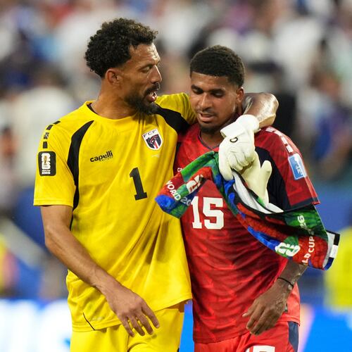 Cape Verde goalkeeper Vozinha, left, and Laros Duarte react at the end of the World Cup Group H soccer match between Uruguay and Cape Verde in Miami Gardens, Fla., Sunday, June 21, 2026. (AP Photo/Lynne Sladky)