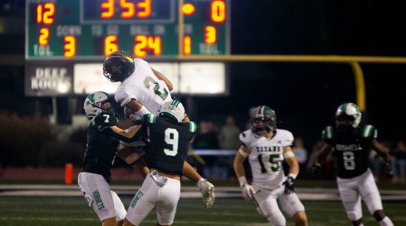 Cole Weaver, wide receiver for Blessed Trinity, makes a catch during the Blessed Trinity vs. Roswell high school football game on Thursday, September 29, 2022, at Roswell high school in Roswell, Georgia. (Christina Matacotta/For the AJC)