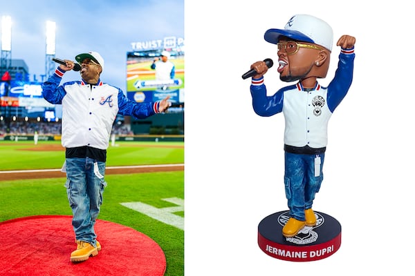 Jermaine Dupri's bobblehead was based on this photo from an Atlanta Braves game in 2024. (Courtesy of Atlanta Braves)