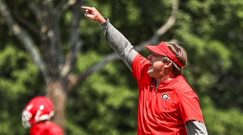 Georgia head coach Kirby Smart during the Bulldogs’ practice session in Athens, Ga., on Thursday, Aug. 12, 2021. (Photo by Mackenzie Miles)