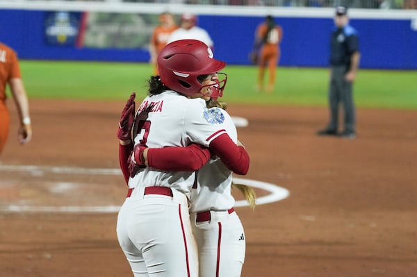 Texas Tech's Makayla Garcia, left, and Bailey Lindemuth, right, celebrate during the second game of the NCAA softball Women's College World Series finals against Texas in Oklahoma City, Thursday, June 5, 2025. (AP Photo/Kyle Phillips)