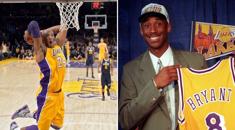 FILE - At left, in a Jan. 25, 2013, file photo, Los Angeles Lakers guard Kobe Bryant goes up for a dunk during the first half of an NBA basketball game against the Utah Jazz, in Los Angeles. At right, in a July 12, 1996, file photo, Kobe Bryant, 17, jokes with the media as he holds his Los Angeles Lakers jersey during a news conference in Inglewood, Calif. Two numbers go into the Staples Center rafters when the Los Angeles Lakers retire the jerseys of Kobe Bryant, the five-time NBA champion and top scorer in franchise history. The Lakers will hang No. 8 and No. 24, representing both halves of Bryant's storied 20-year career. (AP Photo/File)