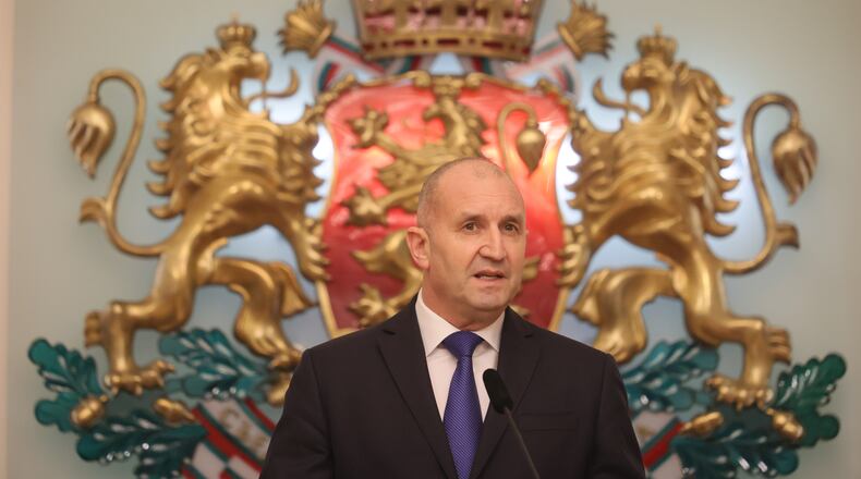 Bulgaria's President Rumen Radev announces that he is stepping down from his position at Bulgarian Presidency, Sofia, Bulgaria, Monday, Jan. 19, 2026 (AP Photo/Valentina Petrova)