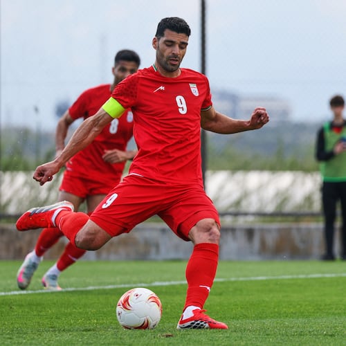 FILE - Iran's Mehdi Taremi shoots a penalty kick to score his side's second goal during a friendly soccer match between Iran and Costa Rica, in Antalya, southern Turkey, Tuesday, March 31, 2026. (AP Photo/Riza Ozel, File)