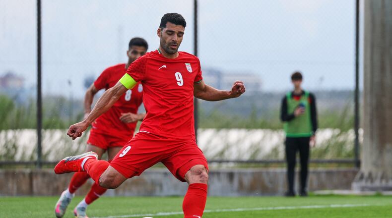 FILE - Iran's Mehdi Taremi shoots a penalty kick to score his side's second goal during a friendly soccer match between Iran and Costa Rica, in Antalya, southern Turkey, Tuesday, March 31, 2026. (AP Photo/Riza Ozel, File)