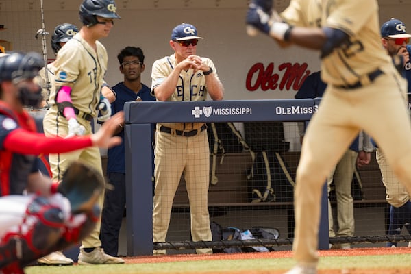 Georgia Tech coach Danny Hall watches from the dugout during a game against Ole Miss.