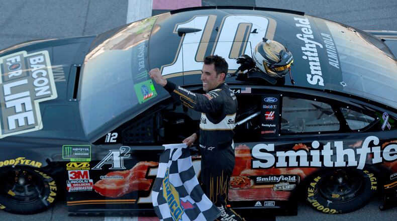 Aric Almirola and his bacon-mobile take center stage at Talladega Sunday. (Matt Sullivan/Getty Images)