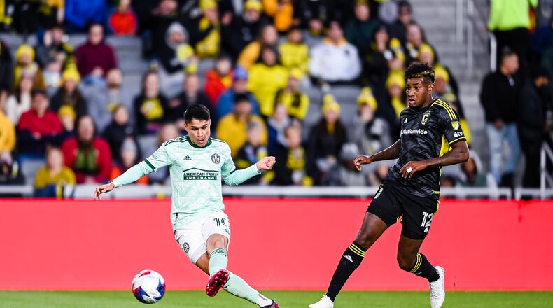Atlanta United forward Luiz Araújo #10 kicks the ball during the match against Columbus Crew at Lower.com Field in Columbus, OH on Saturday March 25, 2023. (Photo by Mitchell Martin/Atlanta United)