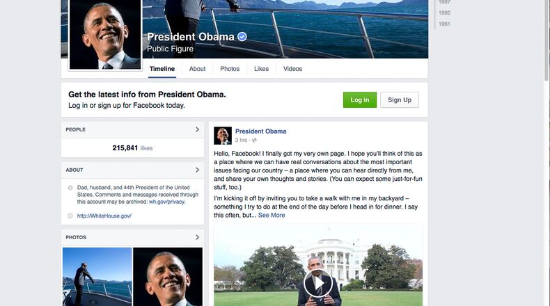 The screen image from Facebook.com shows the Facebook page of President Barack Obama. Obama wants you to like him. And comment on him. And share his posts, too. The president now has his own personal Facebook page. "President Obama, public figure" went live Monday, Nov. 9, 2015. (Facebook.com via AP)
