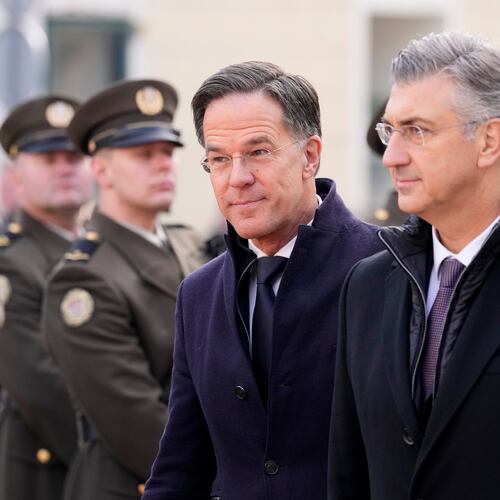 NATO Secretary General Mark Rutte, center, is welcomed by Croatian Prime Minister Andrej Plenkovic, in Zagreb, Croatia, Monday, Jan. 12, 2026. (AP Photo/Darko Bandic)