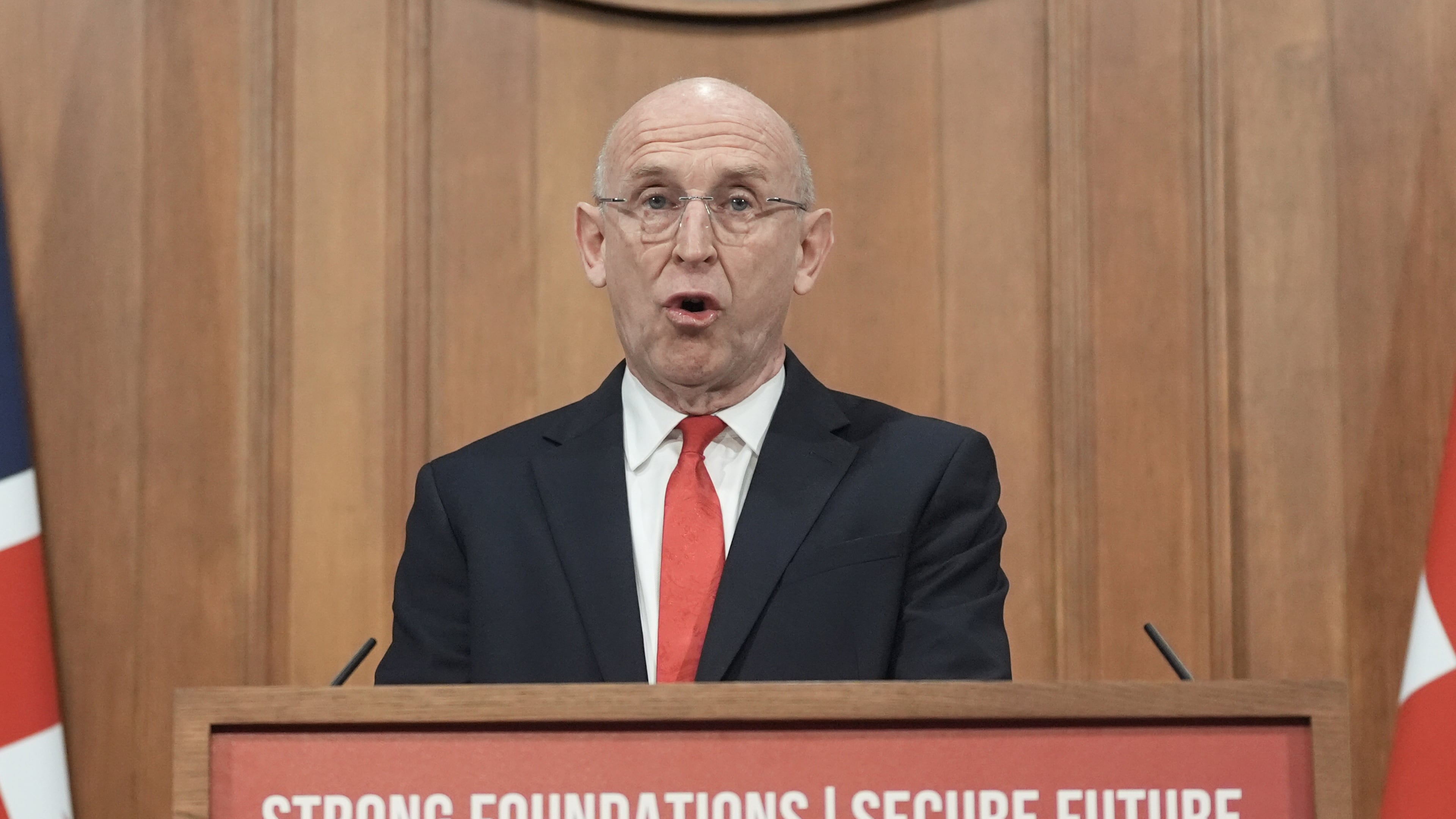 British Defence Secretary John Healey delivers a speech on how the UK's defence industry is delivering growth and national renewal across the UK, at No 9 Downing Street in central London, Wednesday Nov. 19, 2025. (Stefan Rousseau/PA via AP, Pool)