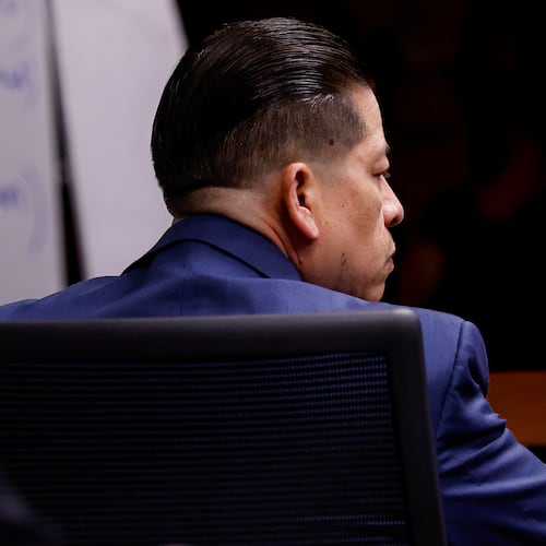 Former Uvalde school district police officer Adrian Gonzales listens to closing statements on the 11th day of his trial at the Nueces County Courthouse on Wednesday, Jan. 21, 2026, in Corpus Christi, Texas. (Sam Owens /The San Antonio Express-News via AP, Pool)