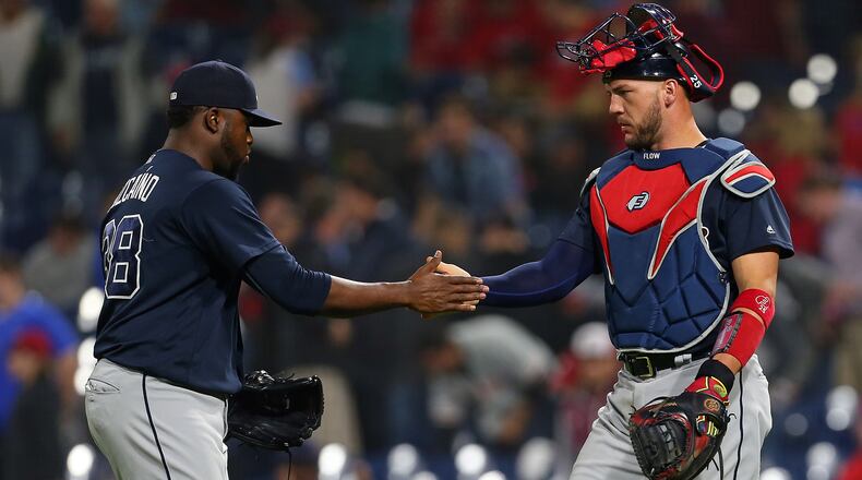Braves closer Arodys Vizcaino is congratulated by catcher Tyler Flowers after a May 22 win against the Phillies.