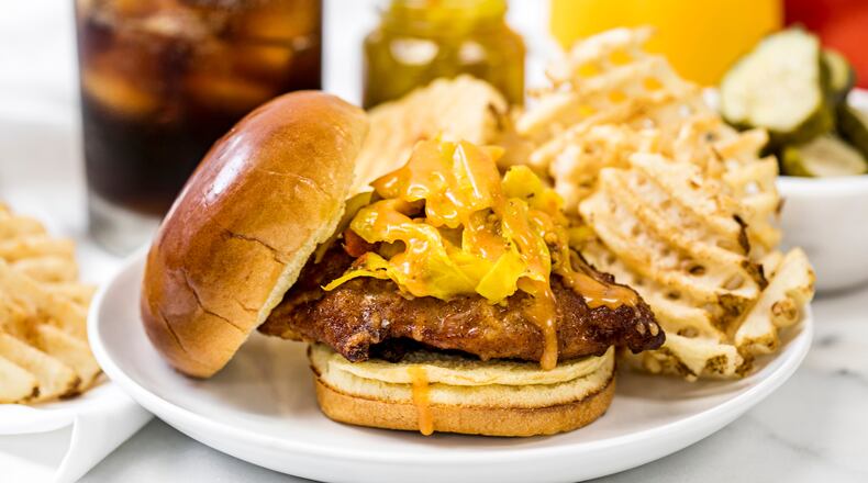 Mercedes-Benz Stadium’s free-range fried chicken sandwich.