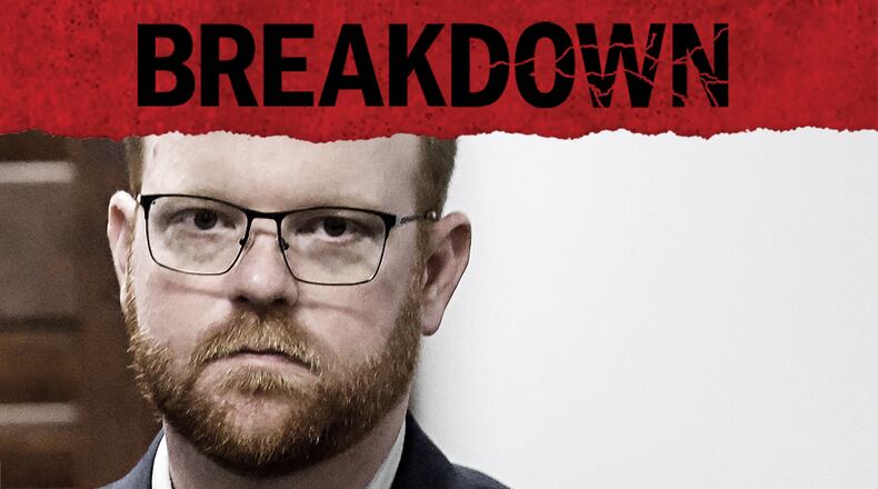 Travis McMichael attends the jury selection in his trial at the Gwynn County Superior Court, in Brunswick, Ga., Wednesday, Oct. 27, 2021. He's one of three men charged with the February 2020 death of 25-year-old Ahmaud Arbery. The 14th episode of the AJC's "Breakdown" podcast looks at the second week of jury selection in the trial. (Octavio Jones/Pool Photo via AP)