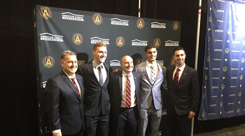 Atlanta United manager Gerardo Martino, Julian Gressel, Darren Eales, Miles Robinson and Carlos Bocanegra at Friday’s MLS SuperDraft.