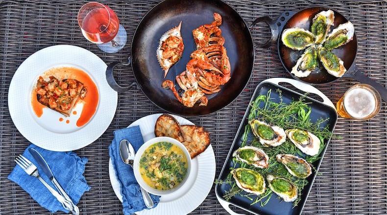 You can enjoy oysters in a variety of ways (clockwise from left): Shellfish Escabeche (on bread), Shellfish Escabeche served in blue crab, Roasted Oysters, Grilled Oysters and Oyster Stew. Food styling by Brian Wolfe and Bryan Rackley/Chris Hunt for The AJC