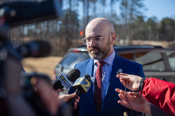 State Sen. Josh McLaurin, who is running for lieutenant governor, speaks to media at the Fulton County Election Hub and Operation Center in January. (Arvin Temkar/AJC)