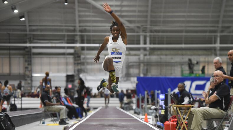 Georgia Tech's Bria Matthews competes in the women's triple jump during the 2019 ACC Indoor Track and Field Championships in Blacksburg, Va., Saturday Feb. 23, 2019. (Photo by Michael Shroyer, the ACC)