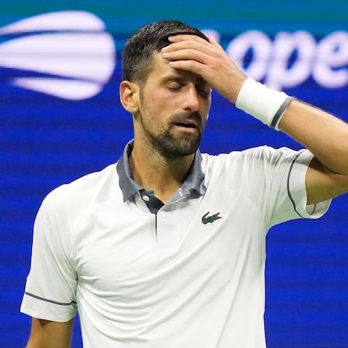 Novak Djokovic, of Serbia, reacts during the first round of the U.S. Open tennis championships against Mariano Navone, of Argentina, Sunday, Aug. 30, 2026, in New York. (AP Photo/Frank Franklin II)