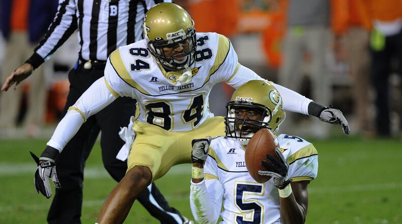 Atlanta - Georgia Tech Stephen Hill (5) celebrates with Tyler Melton (84) after his great catch in the second quarter of the Georgia Tech vs Clemson game at Georgia Tech on Saturday, Oct 29, 2011. Johnny Crawford jcrawford@ajc.com.