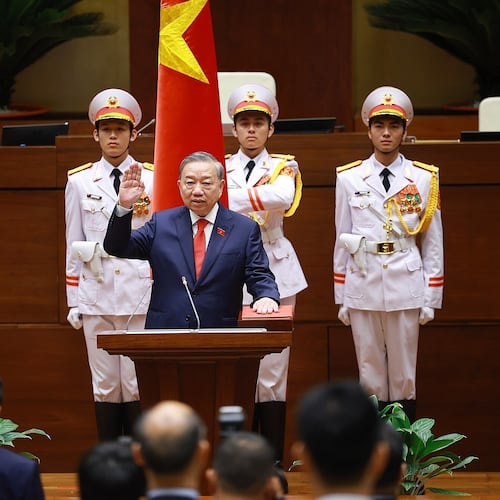 Vietnam's top leader To Lam swears in as the country's president in Hanoi, Vietnam Tuesday, April 7, 2026. (Duong Van Giang/VNA via AP)