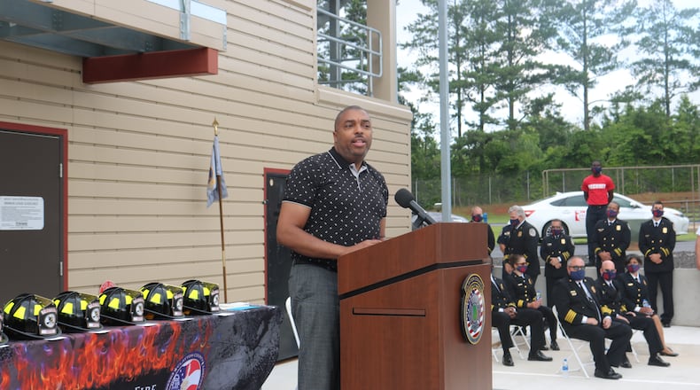 Clayton County Schools Superintendent Morcease Beasley speaks last year during the first graduating class of the district's firefighter program.