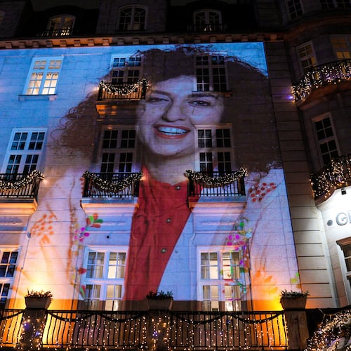 FILE - A photo of Nobel Peace Prize recipient Narges Mohammadi is projected onto the wall of the Grand Hotel in central Oslo before the Nobel banquet on Dec. 10. 2023. (Javad Parsa/NTB Scanpix via AP, File)