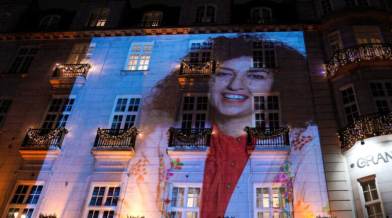 FILE - A photo of Nobel Peace Prize recipient Narges Mohammadi is projected onto the wall of the Grand Hotel in central Oslo before the Nobel banquet on Dec. 10. 2023. (Javad Parsa/NTB Scanpix via AP, File)