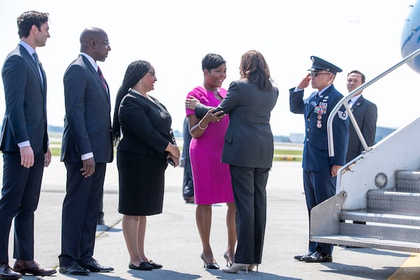 Vice President Kamala Harris greets Atlanta Mayor Keisha Lance Bottoms as Harris arrives at Hartsfield-Jackson Atlanta International Airport on June 18, 2021. Harris was visiting Atlanta to promote a White House initiative for the COVID-19 vaccine. (Alyssa Pointer/AJC 2021)