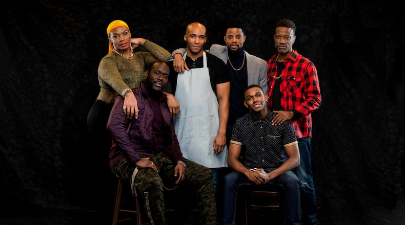 The cast of the Alliance Theatre's production of Pulitzer Prize-winning dramedy “The Hot Wing King” includes, from left, Armand Fields, Nicco Annan, Djorn Dupaty, Calvin Thompson, Myles Alexander Evans, and Jay Jones. 
Courtesy of Greg Mooney