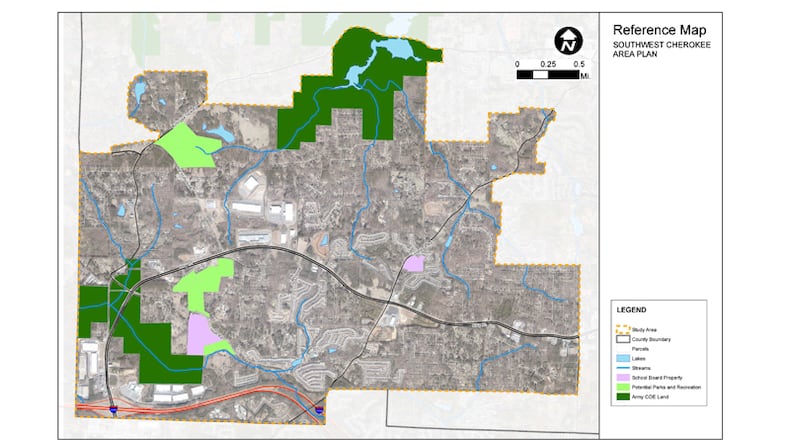 Map depicts southwest Cherokee County, where work is starting on a Southwest Cherokee Parks and Trails Plan. An online survey will gather residents' comments through the second week of November.