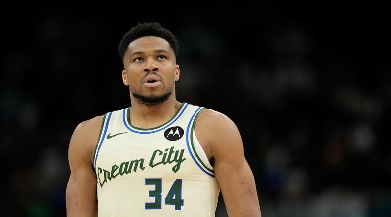 Milwaukee Bucks' Giannis Antetokounmpo looks on during the second half of an NBA basketball game against the Boston Celtics, Monday, March 2, 2026, in Milwaukee. (AP Photo/Aaron Gash)