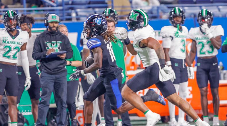 Georgia State's Tailique Williams gets loose for a 74-yard touchdown reception from Darren Grainger in the 41-24 win over Marshall on Oct. 14, 2023 at Centre Park Stadium in Atlanta.