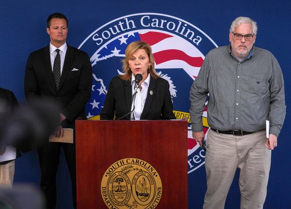 Director of Communications at the South Carolina Department of Corrections Chrysti Shain (center), speaks during a press conference after the execution of South Carolina inmate Mikal Mahdi in Columbia, S.C., Friday, April 11, 2025. (AP Photo/David Yeazell)