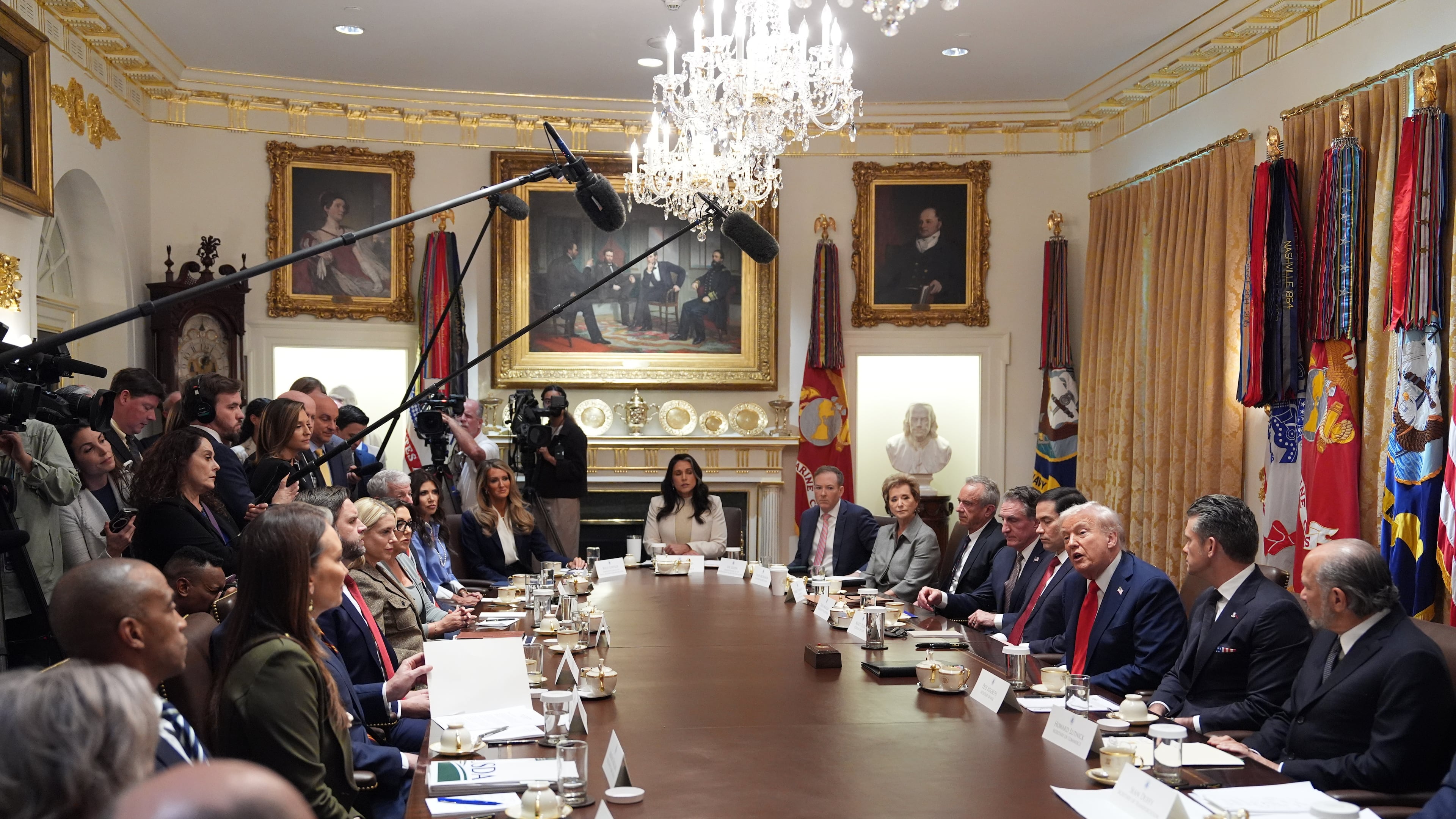 President Donald Trump speaks during a cabinet meeting at the White House, Thursday, Oct. 9, 2025, in Washington. (AP Photo/Evan Vucci)