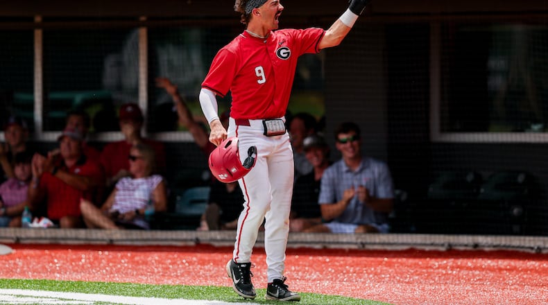 Kolby Branch celebrates a run in Georgia baseball's 7-5 win over Texas A&M at Foley Field on Saturday. (@BaseballUGA/X)