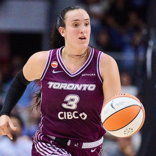 Toronto Tempo's Marina Mabrey sprints upcourt during the first half of a WNBA basketball game against the Los Angeles Sparks in Toronto, Thursday, June 25, 2026. (Sammy Kogan/The Canadian Press via AP)