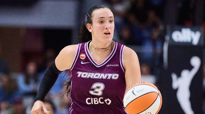 Toronto Tempo's Marina Mabrey sprints upcourt during the first half of a WNBA basketball game against the Los Angeles Sparks in Toronto, Thursday, June 25, 2026. (Sammy Kogan/The Canadian Press via AP)