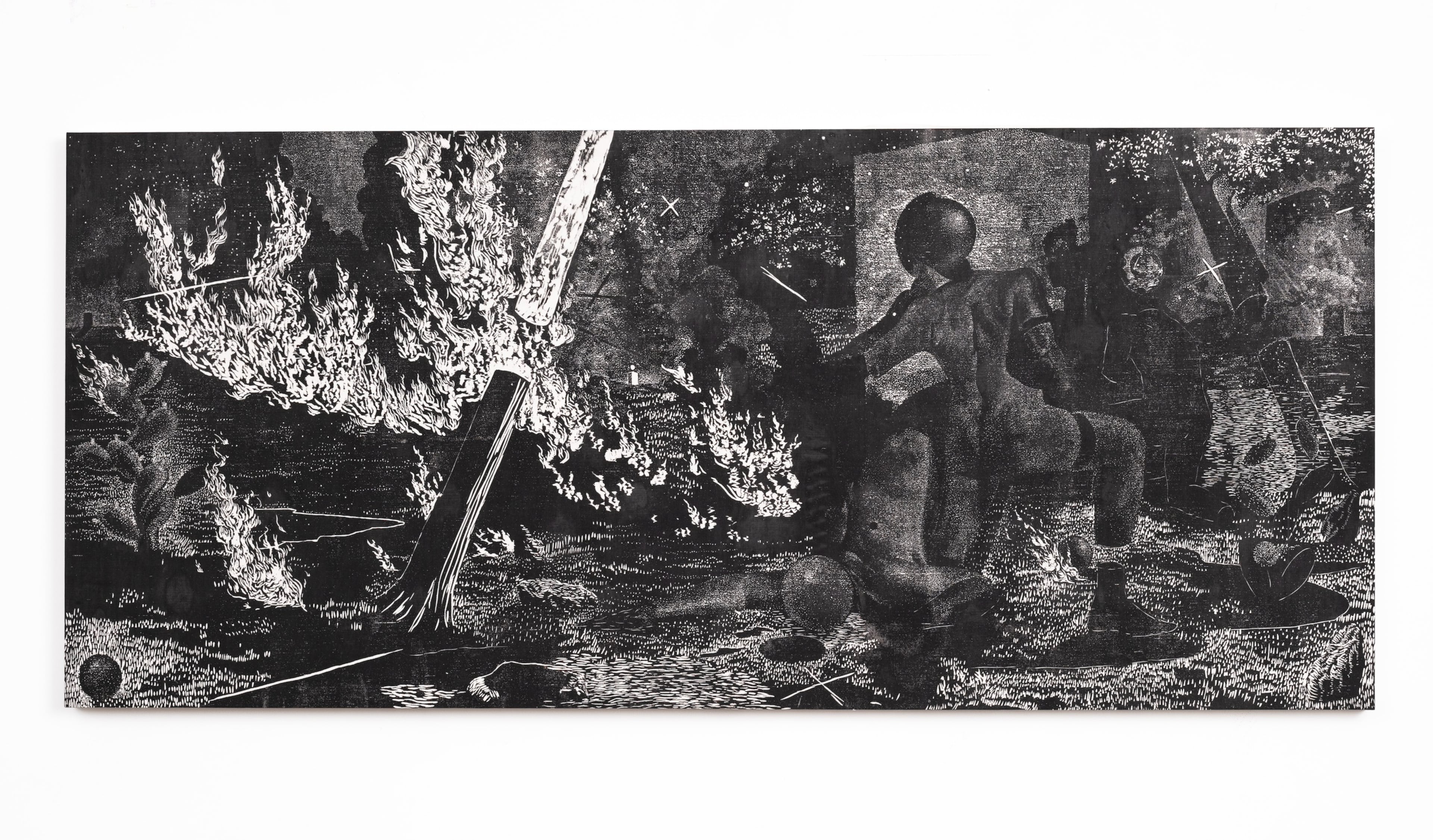 "The Ecstasy of Certainty" (woodcut on muslin over panel) from 2020 by Sergio Suárez. (Walter Bankson/Courtesy of Johnson Lowe Gallery)