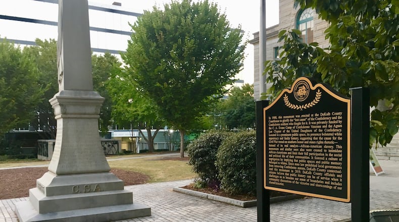 The new “contextual marker” next to the controversial 1908 Confederate memorial on Decatur’s square. Bill Banks for the AJC