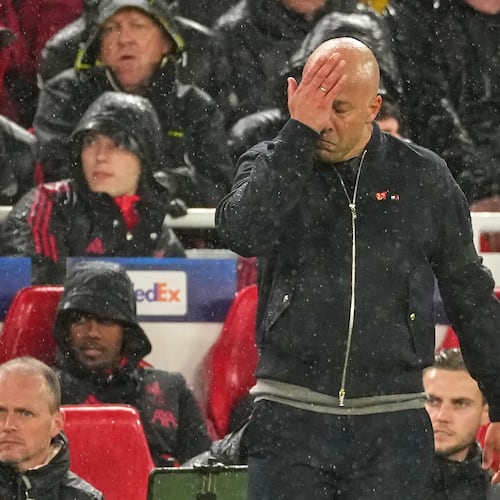 FILE - Liverpool's manager Arne Slot reacts on the touchline during the Champions League quarterfinal second leg soccer match between Liverpool and Paris Saint-Germain in Liverpool, England, Tuesday, April 14, 2026. (AP Photo/Dave Shopland, File)