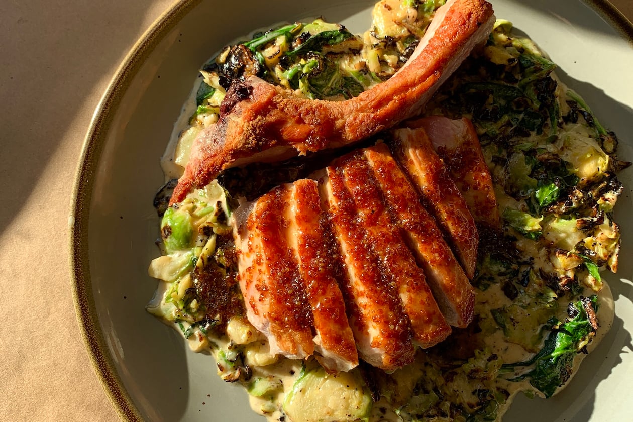 The Hill’s pan-seared Berkshire pork chop with honey mustard jus. (Courtesy of the Hill at Serenbe)