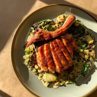 The Hill’s pan-seared Berkshire pork chop with honey mustard jus. (Courtesy of the Hill at Serenbe)