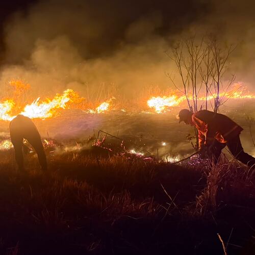 In this photo released by the East Java Regional Disaster Mitigation Agency, firefighters attempt to extinguish a wildfire that razes through Mount Bromo National Park in Probolinggo, Indonesia on Saturday, Aug. 8, 2026. (East Java Regional Disaster Mitigation Agency via AP)