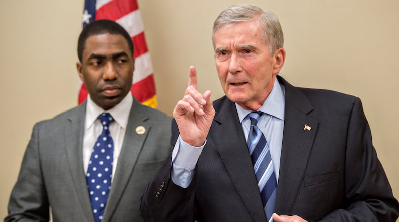 Former Attorney General Mike Bowers and Lee May, the interim CEO of DeKalb County, in March. “We’re going to root out conflicts of interest, corruption, malfeasance and misfeasance,” Bowers said, “so help me God.” JONATHAN PHILLIPS / SPECIAL