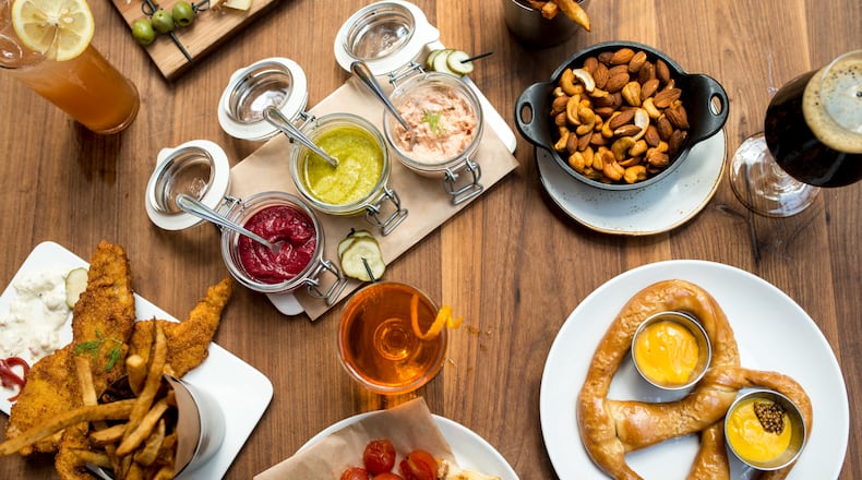 Sceptre Brewing Arts Smoked Snack Jars, Smoked Nuts, Mesquite Frites, Pretzel, Southern Style Fish N' Chips, Peter Buck cocktail and Prancing Mime cocktial.