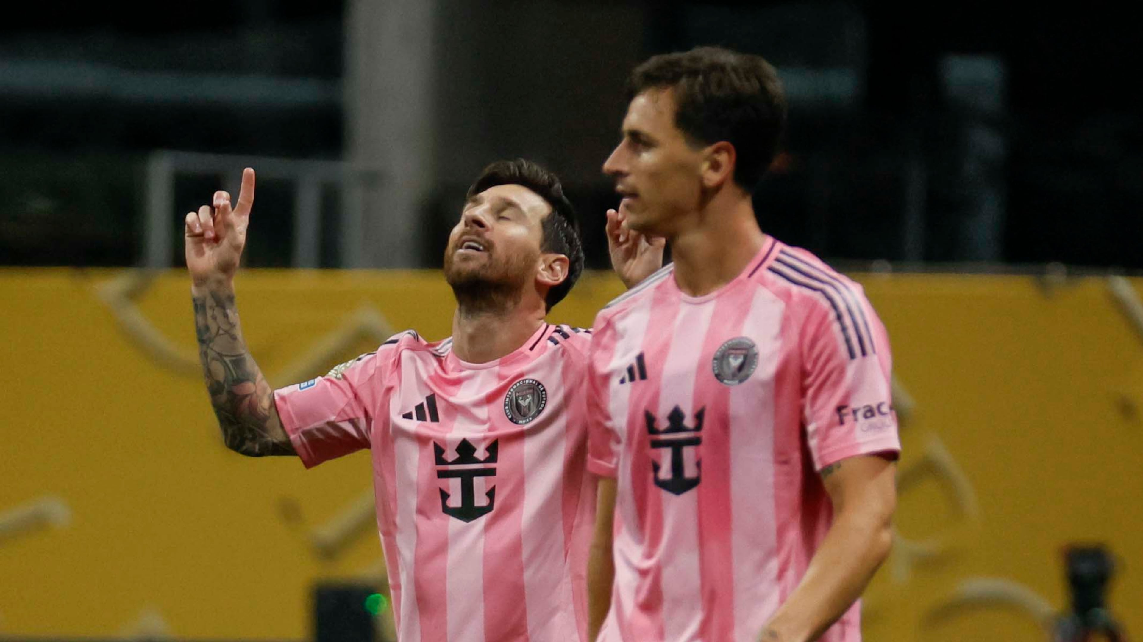Miami forward Lionel Messi (10) reacts after his goal during the Club World Cup group A soccer match between Inter Miami and Porto FC at Mercedes-Benz Stadium on Thursday, June 19, 2025.
(Miguel Martinez/ AJC)