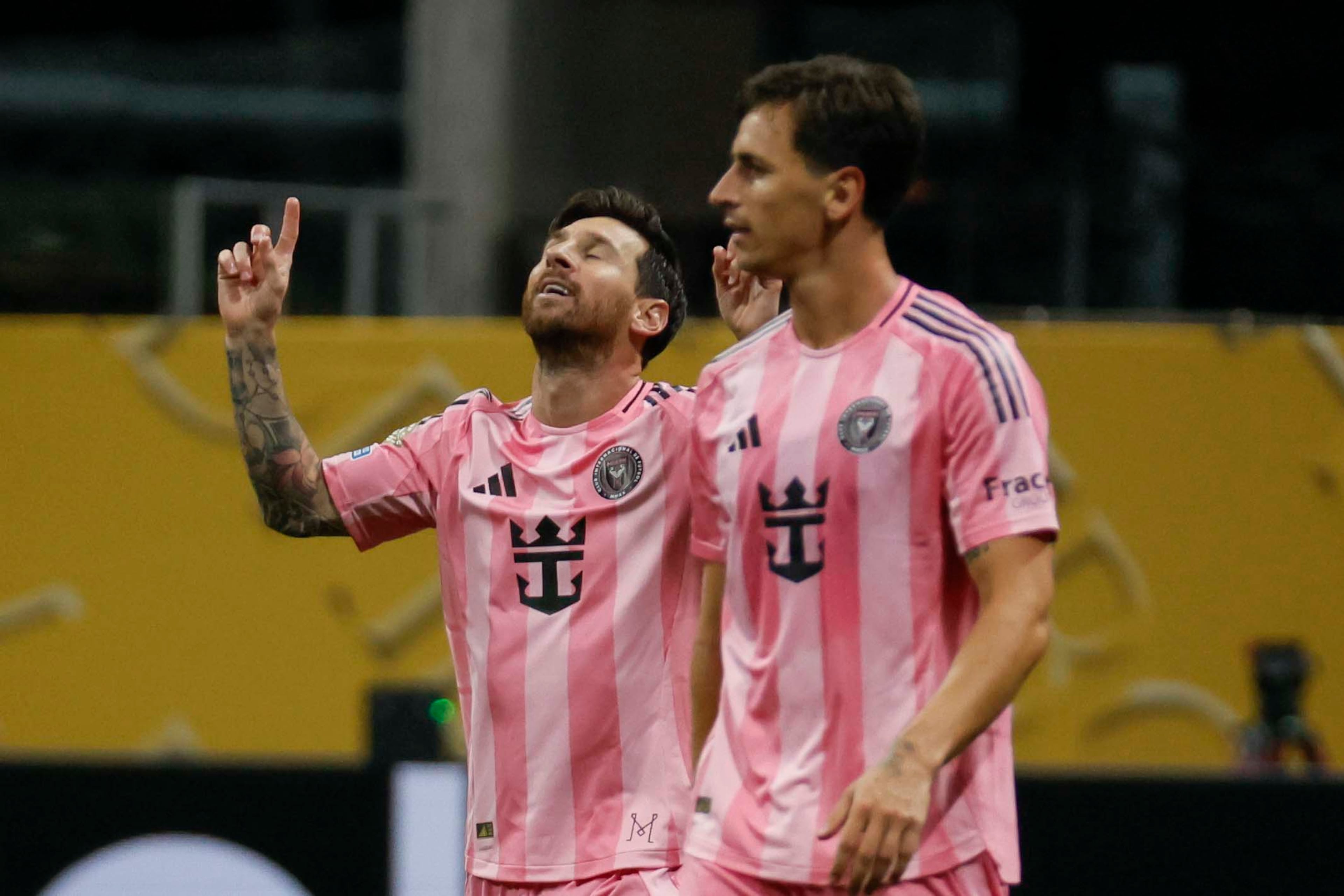 Miami forward Lionel Messi (10) reacts after his goal during the Club World Cup group A soccer match between Inter Miami and Porto FC at Mercedes-Benz Stadium on Thursday, June 19, 2025.
(Miguel Martinez/ AJC)