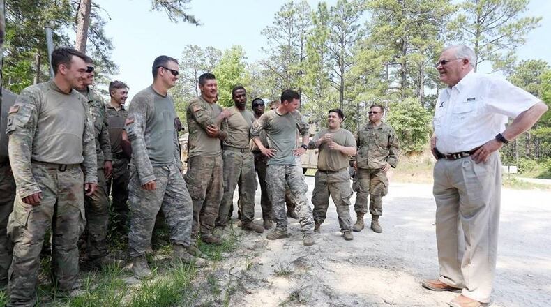 Gov. Nathan Deal speaks with Georgia National Guard troops in Fort Polk, La. as they prepare for a mission to Afghanistan.